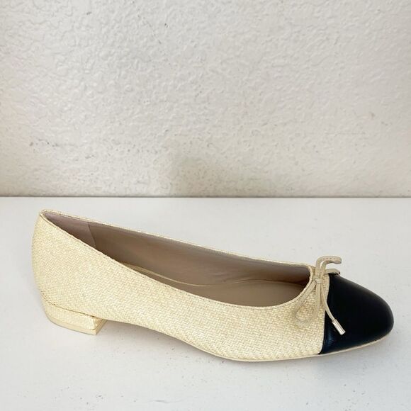 Stuart Weitzman Sleek Bow rounded toe black ballet Flats with natural raffia 8.5 - Picture 15 of 17
